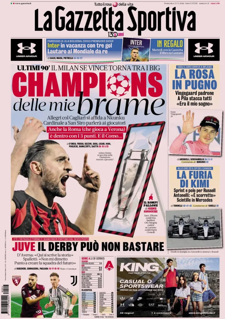 Le prime pagine dei principali quotidiani sportivi – 24 maggio 29 la gazzetta dello sport 0322522xc6jd2