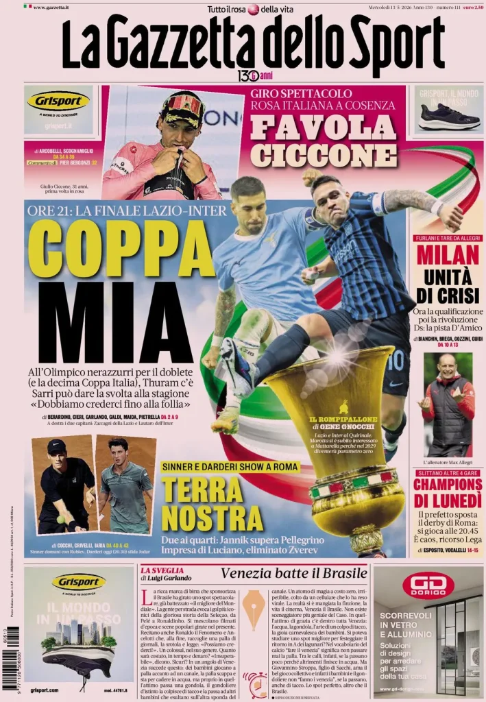 Rassegna stampa Cagliari: prime pagine quotidiani sportivi - 13 maggio 2026 29 la gazzetta dello sport 04030253nb5vq