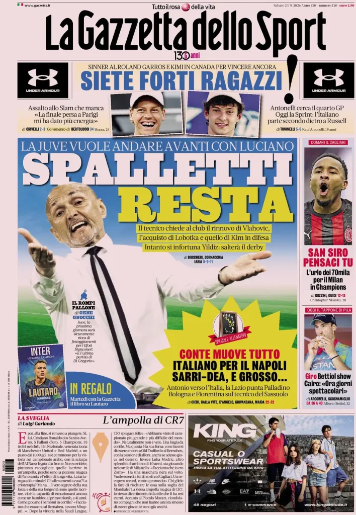 Rassegna stampa Cagliari: prime pagine quotidiani sportivi - 23 maggio 2026 29 la gazzetta dello sport 040331u888t3h