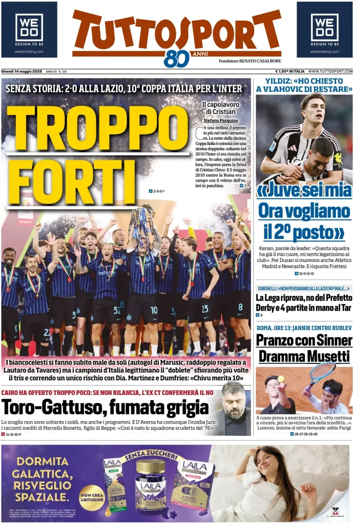 Rassegna stampa Cagliari: prime pagine quotidiani sportivi - 14 maggio 2026 27 tuttosport 02030298fbkxs