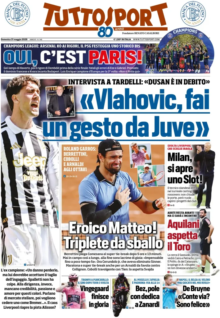 Rassegna stampa Cagliari: prime pagine quotidiani sportivi - 31 maggio 2026 27 tuttosport 020302b2p7n96