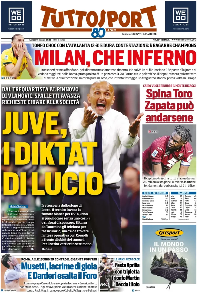 Le prime pagine dei principali quotidiani sportivi – 11 maggio 29 tuttosport 020722hxq4mkg