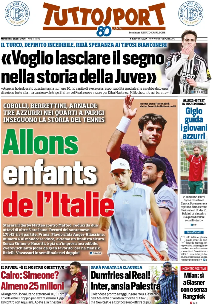 Le prime pagine dei principali quotidiani sportivi – 3 giugno 27 tuttosport 020449h057esm
